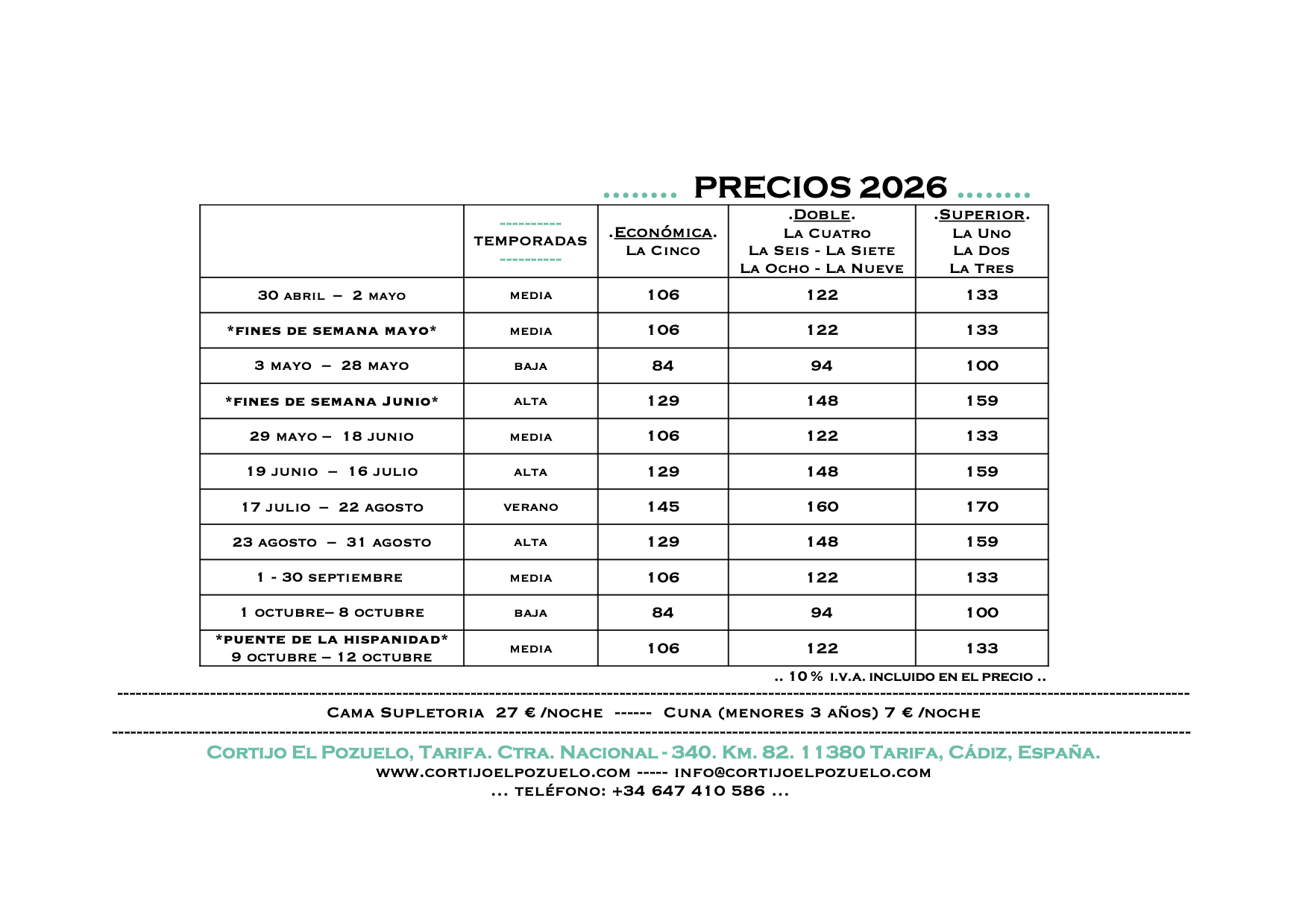 Imagen con los precios y tarifas